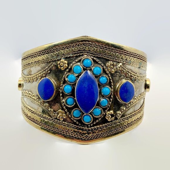 Vintage Afghan Bracelet: Middle Eastern Kuchi Blue Turquoise Silver Brass Glass - Picture 3 of 5